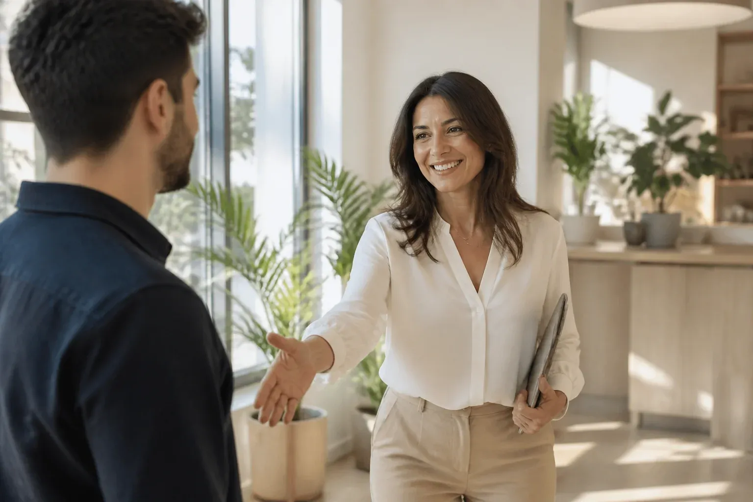 סוכנת נדל"ן מקבלת מועמד חדש במשרד תיווך בבאר יעקב