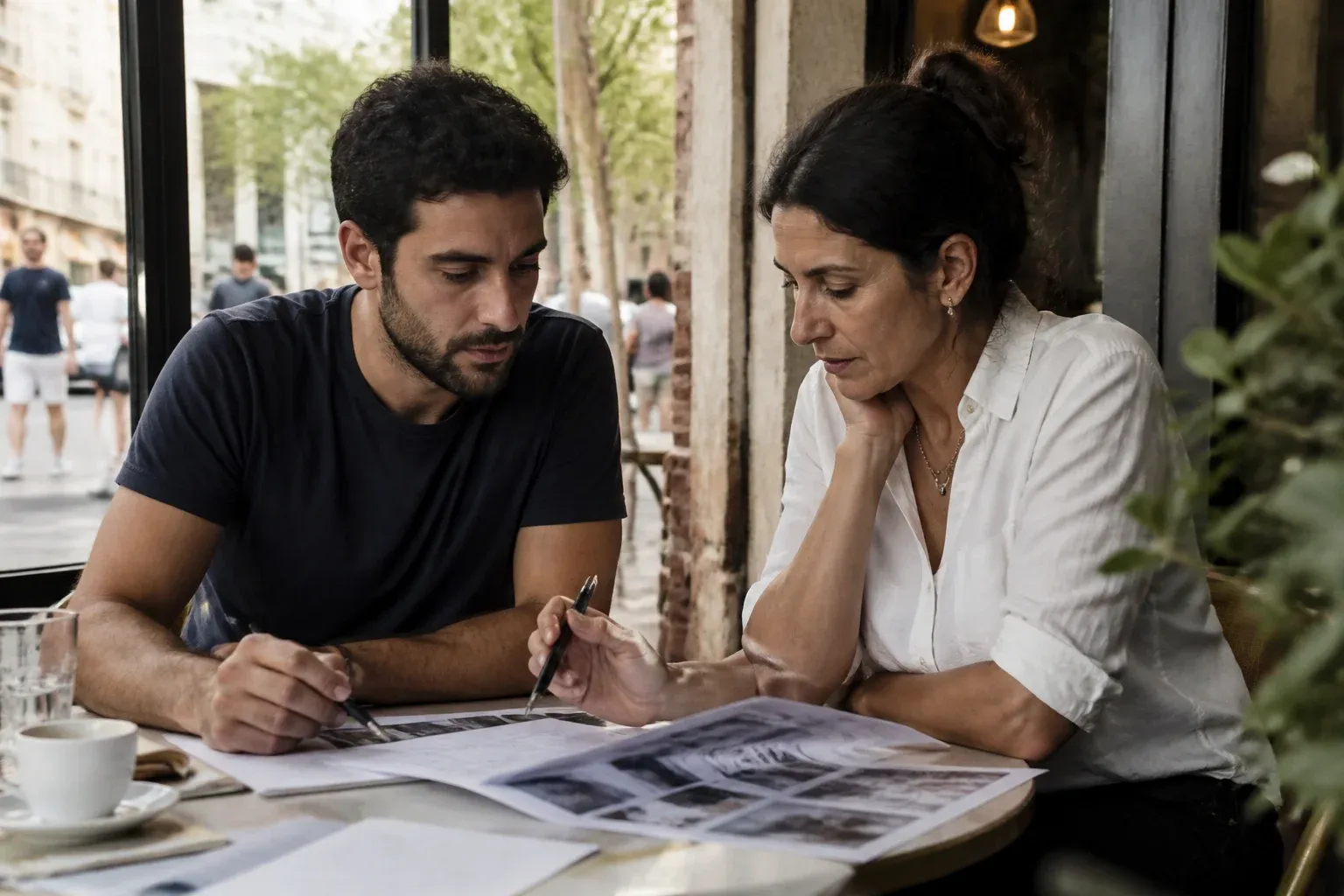 גבר ואישה מעיינים בדפים בשולחן בבית קפה ומדברים על תנאי הסף לרישיון
