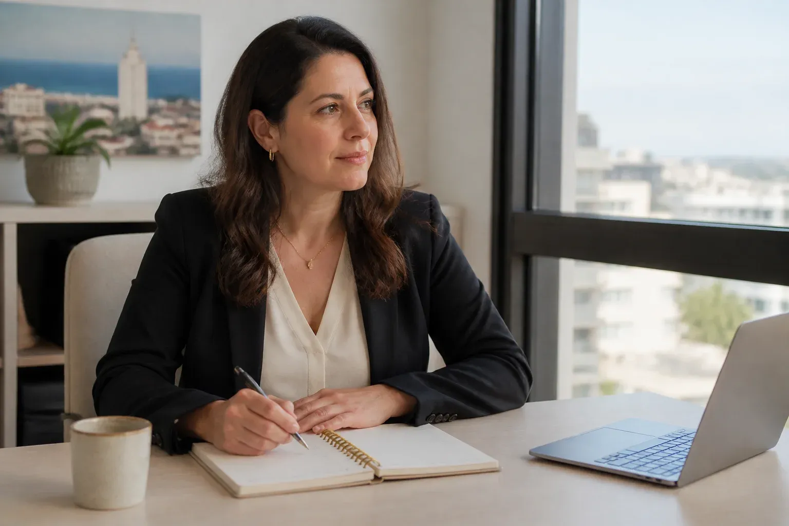 מתווכת נדל"ן בשנות הארבעים עובדת ליד שולחן במשרד מואר