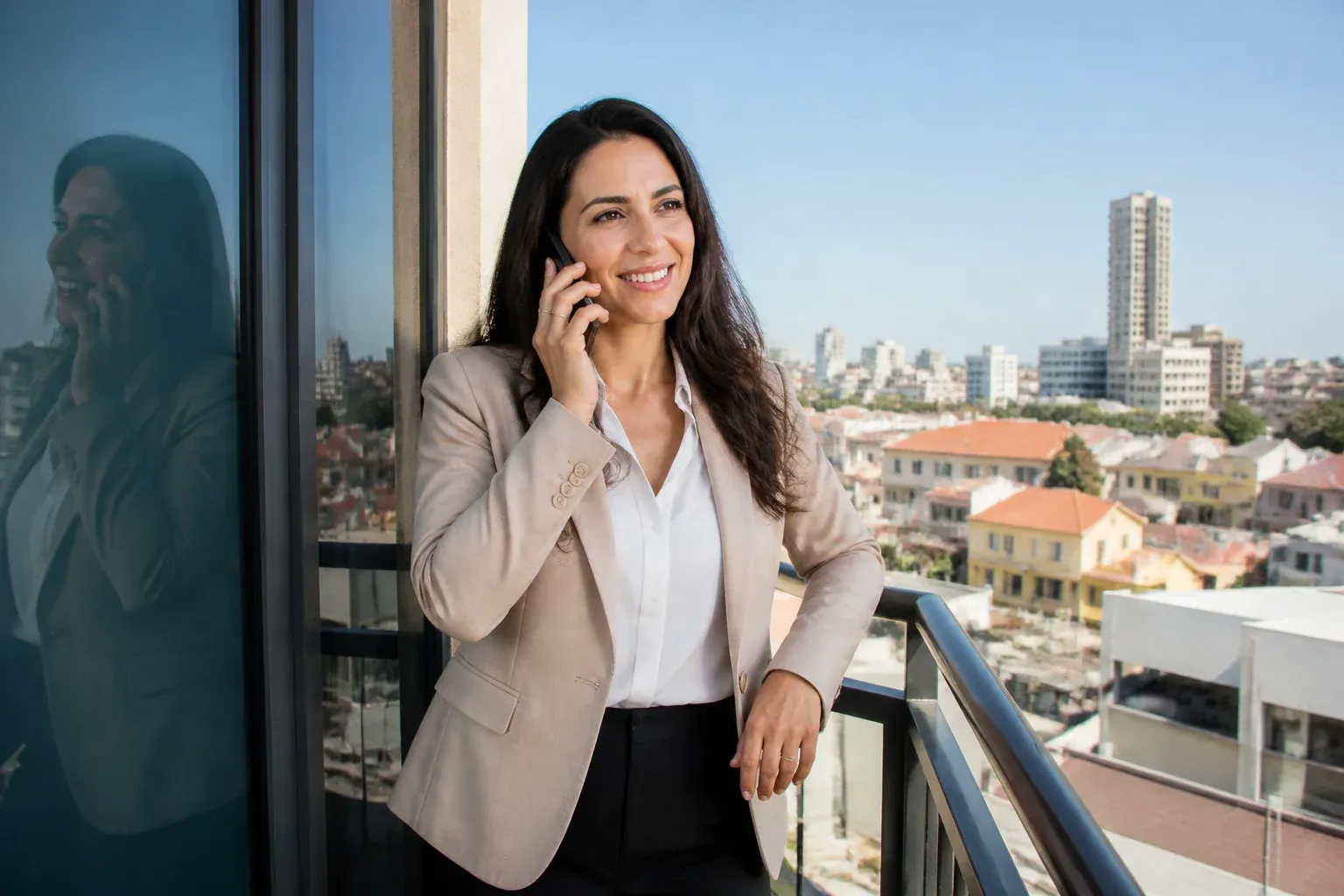 סוכנת נדל"ן מדברת בטלפון על מרפסת משרד