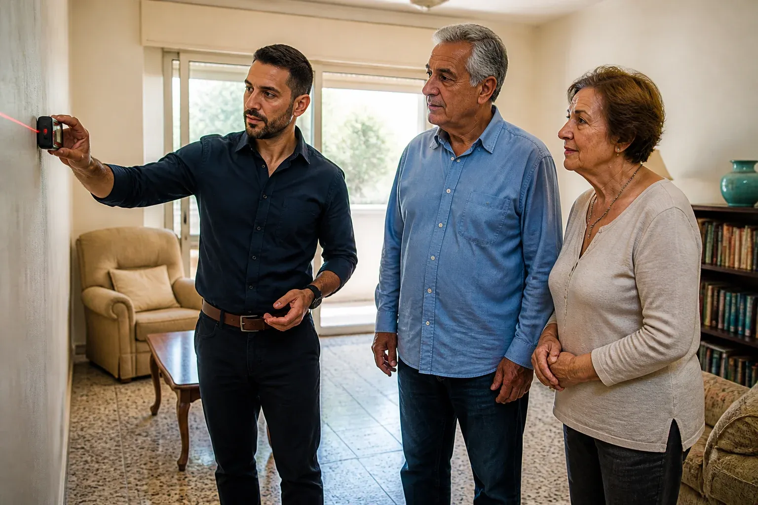 סוכן וזוג בעלי דירה מודדים קיר בסלון ישן
