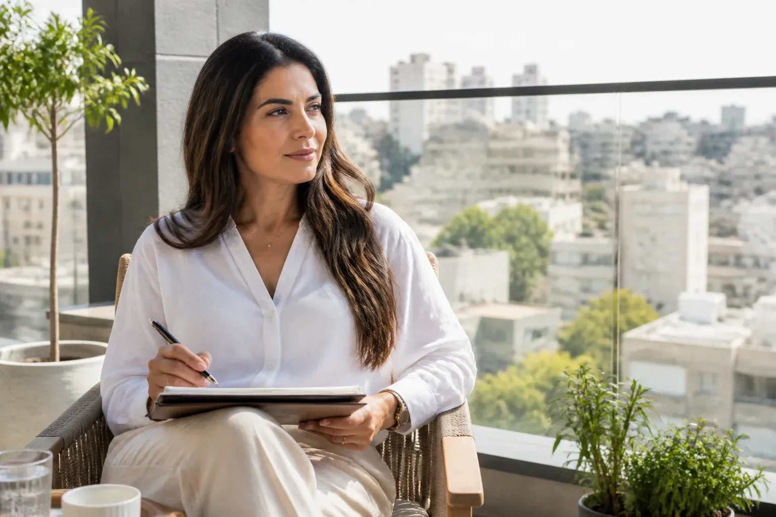 סוכנת מתכננת את שבוע העבודה במרפסת
