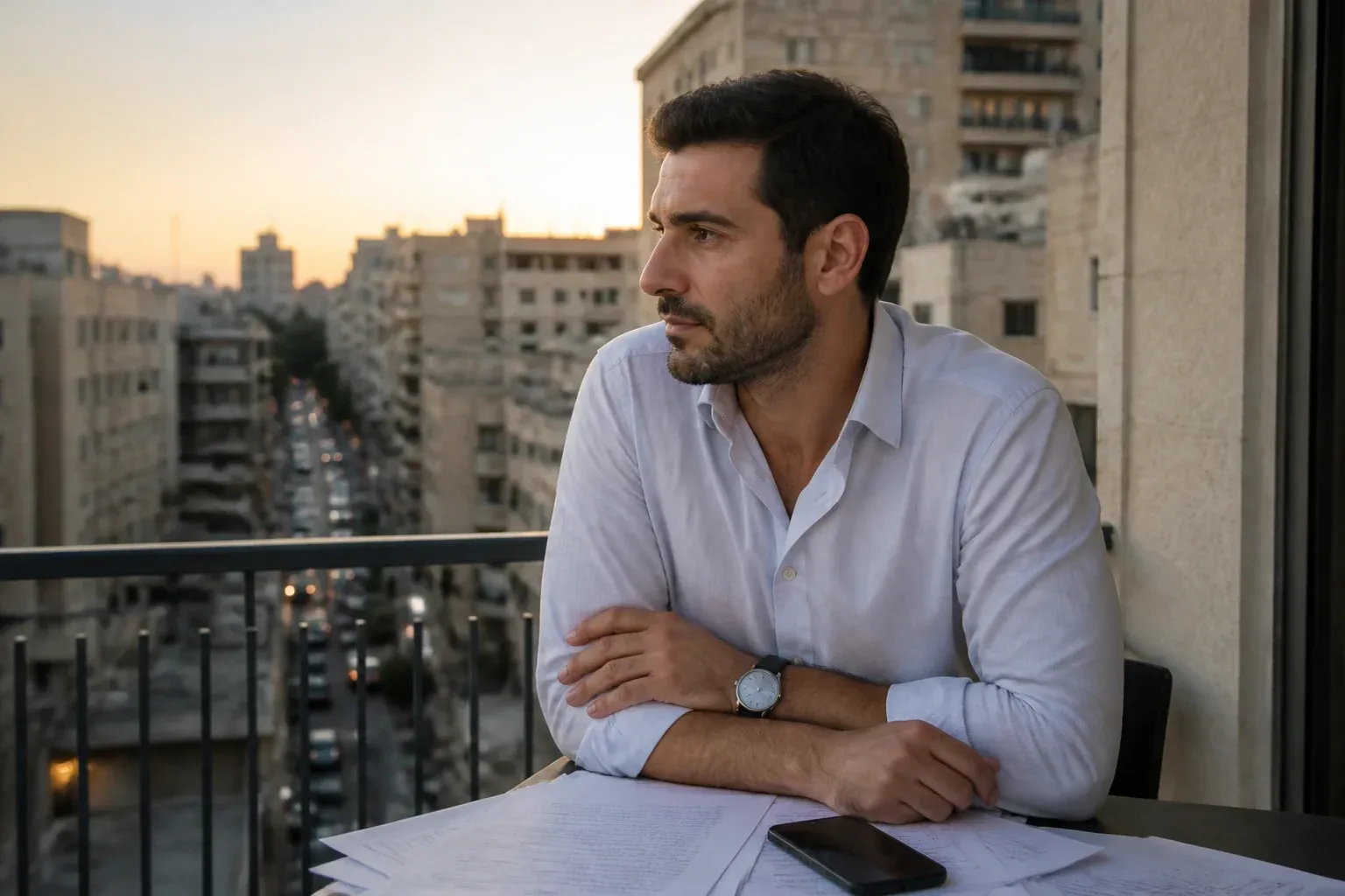 סוכן מהורהר מול מרפסת עם ערימת מסמכים